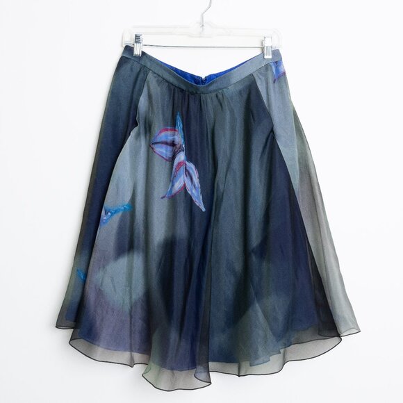 Silk Midi Skirt Floral A-lined Lined Blue Ombre - Picture 2 of 13